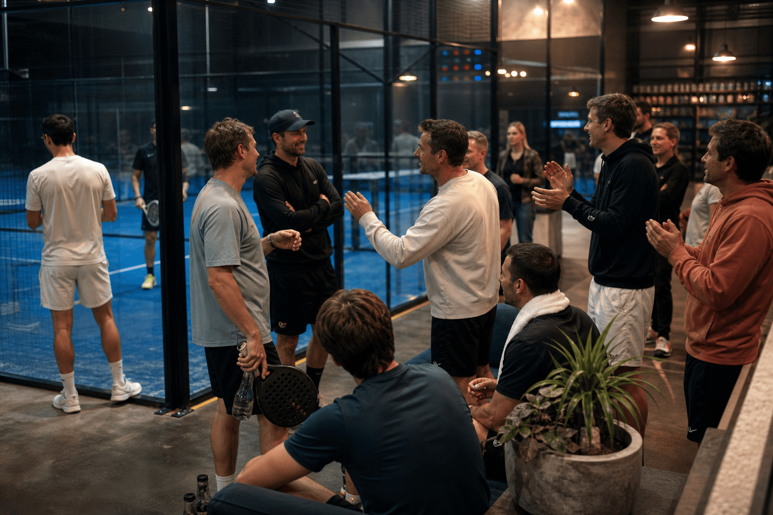 Menschen verfolgen und feiern ein Padel-Match bei einem Community-Event
