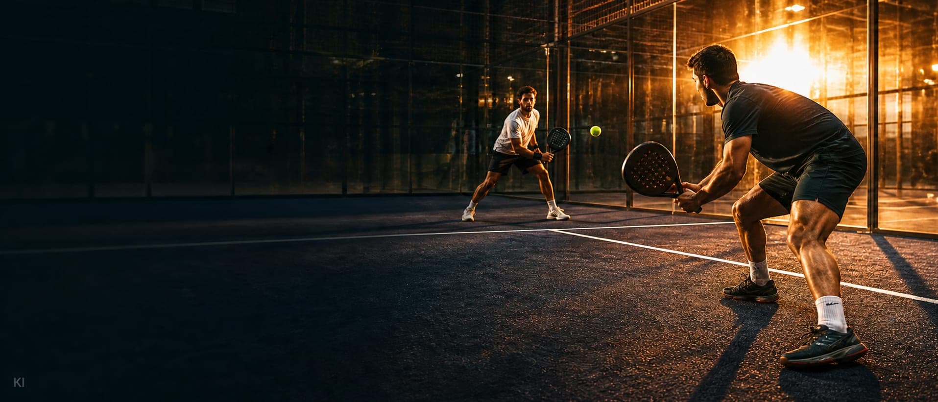 Zwei Spieler beim Padel auf einem Court in goldenem Abendlicht