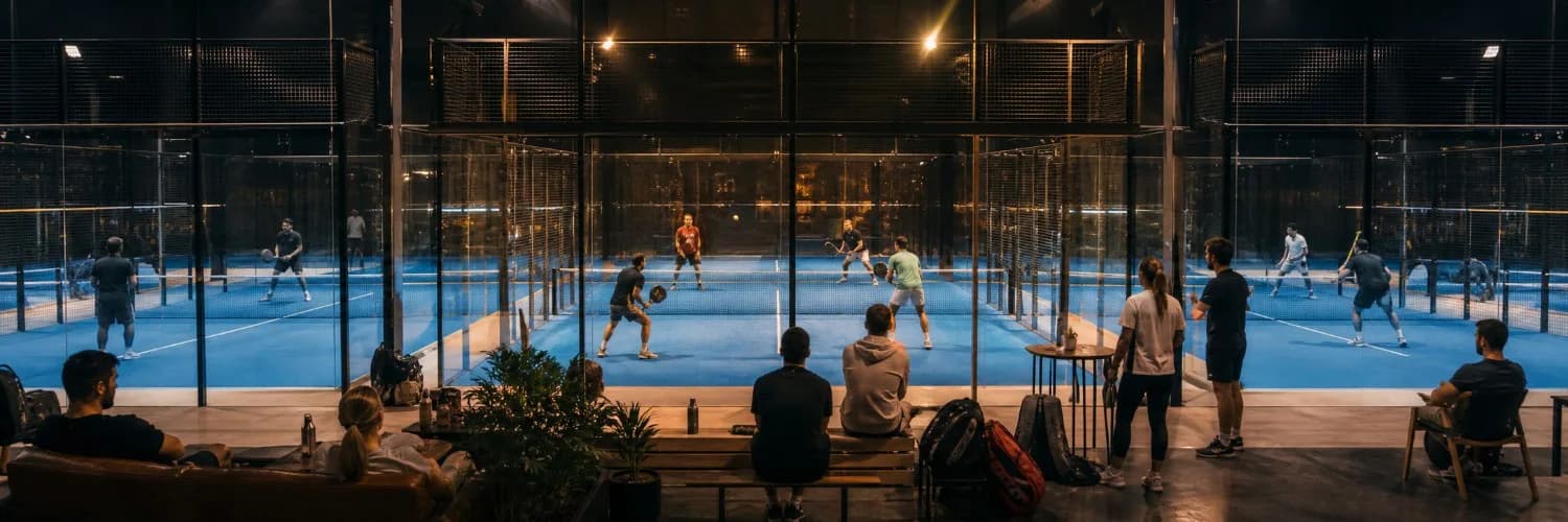 Mehrere Padel-Doppel spielen bei einem Americano-, Mexicano- und King-of-the-Court-Abend auf benachbarten Courts.