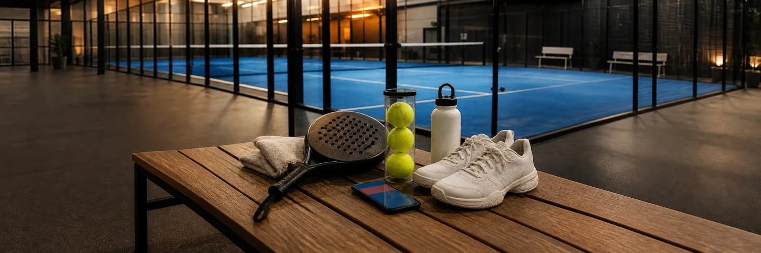 Padelschläger, drei Bälle und Sportschuhe auf einer Bank vor einem Indoor-Padel-Court