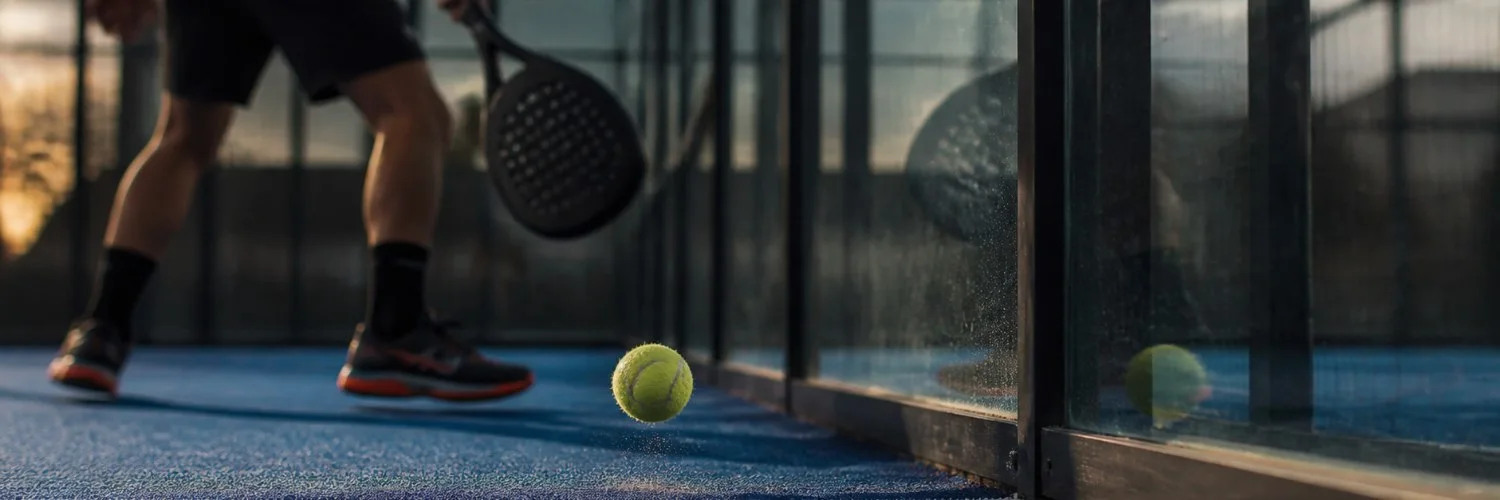 Padel-Ball springt vor der gläsernen Rückwand auf, ein Spieler unscharf in Bewegung dahinter