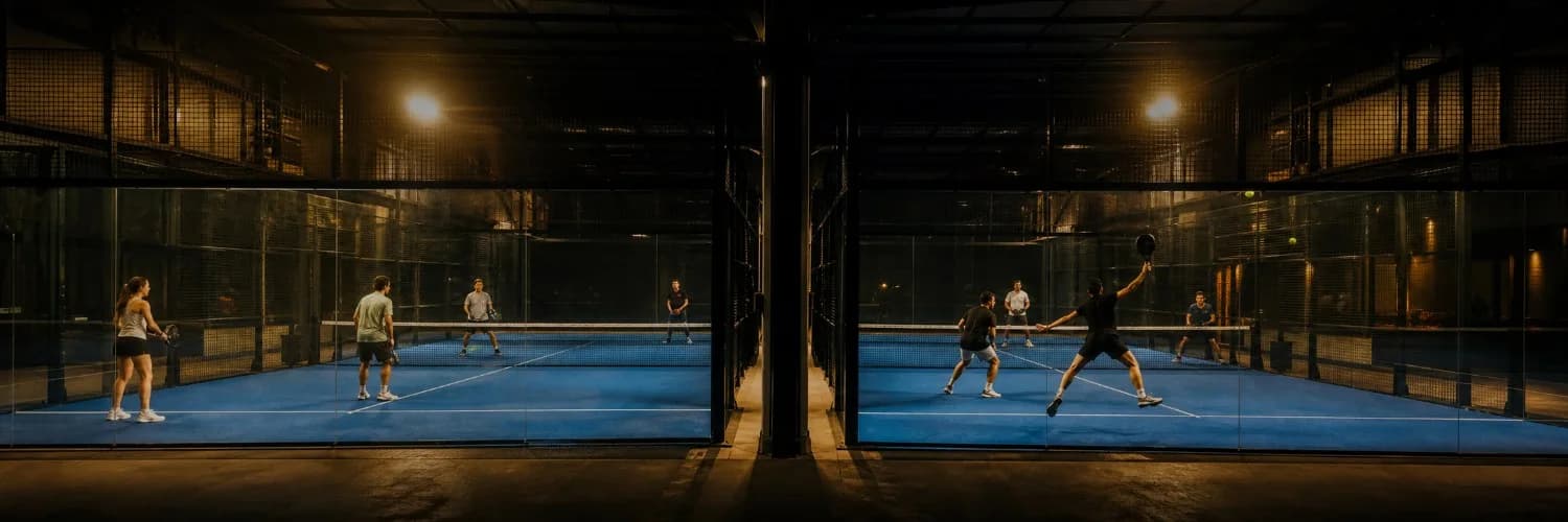 Zwei Padel-Doppel unterschiedlicher Spielstärke auf benachbarten Courts, im Vergleich