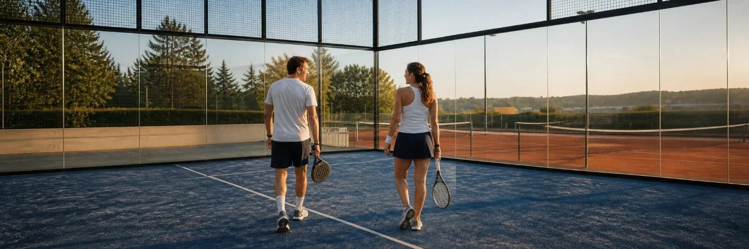 Zwei Freizeitsportler mit Padel- und Tennisschläger auf einem gläsernen Padel-Court