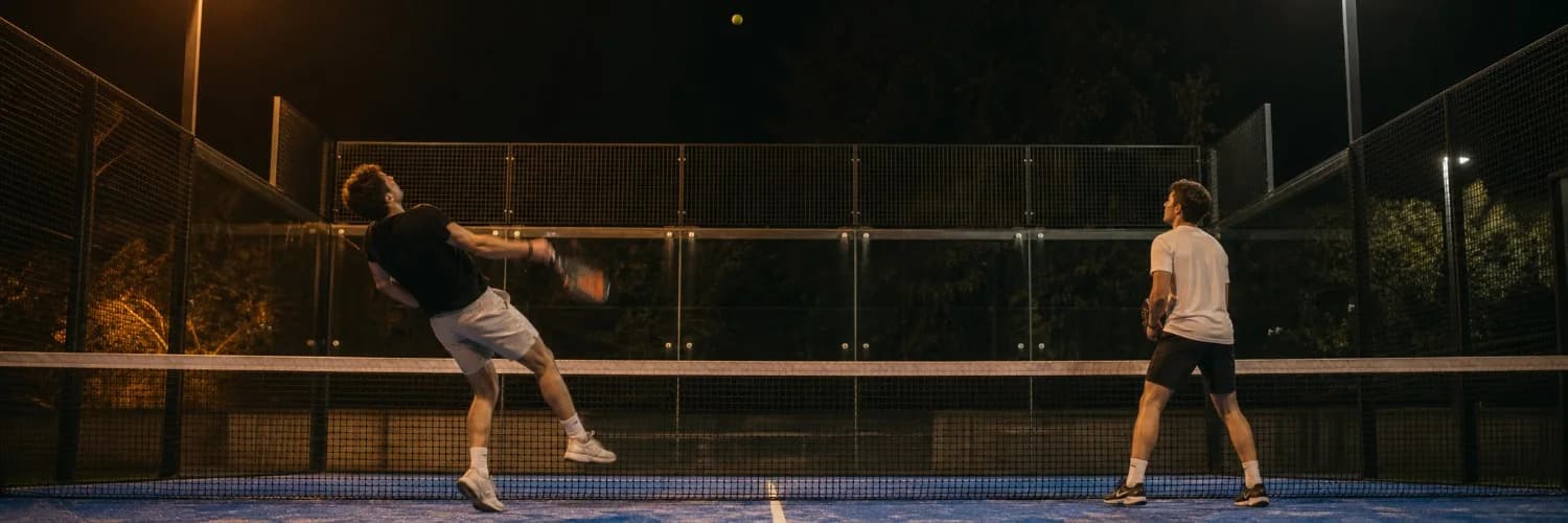 Zwei Padelspieler am Netz, einer schlägt zu hart, der Ball fliegt über die Rückwand