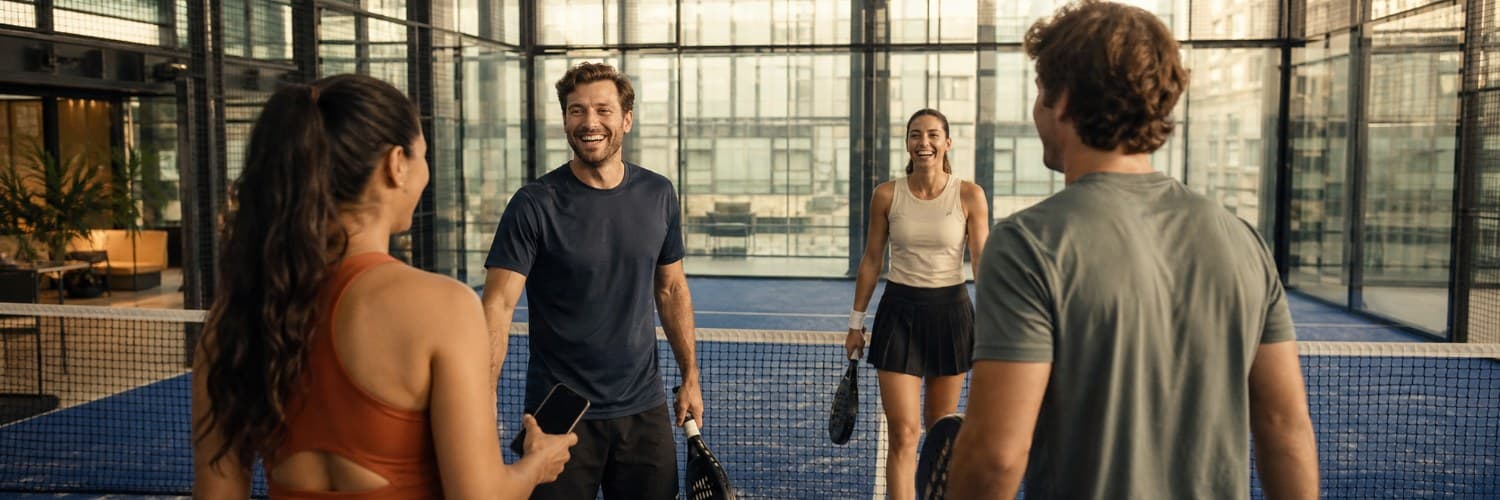 Vier Freunde treffen sich nach einem Match auf einem modernen Padel-Court.