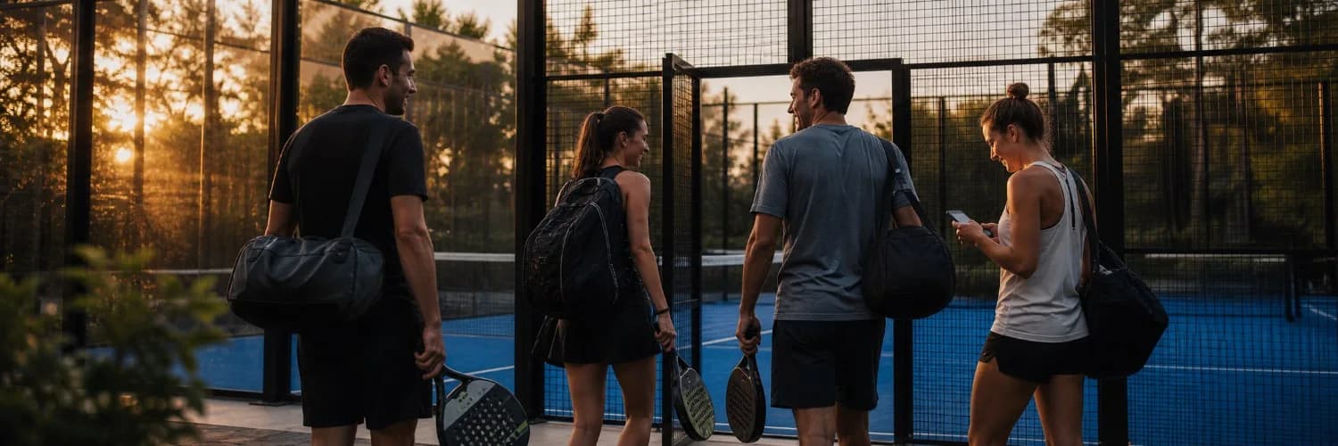 Vier Freunde treffen sich mit Schlägern und Taschen an einem Outdoor-Padel-Court im Abendlicht