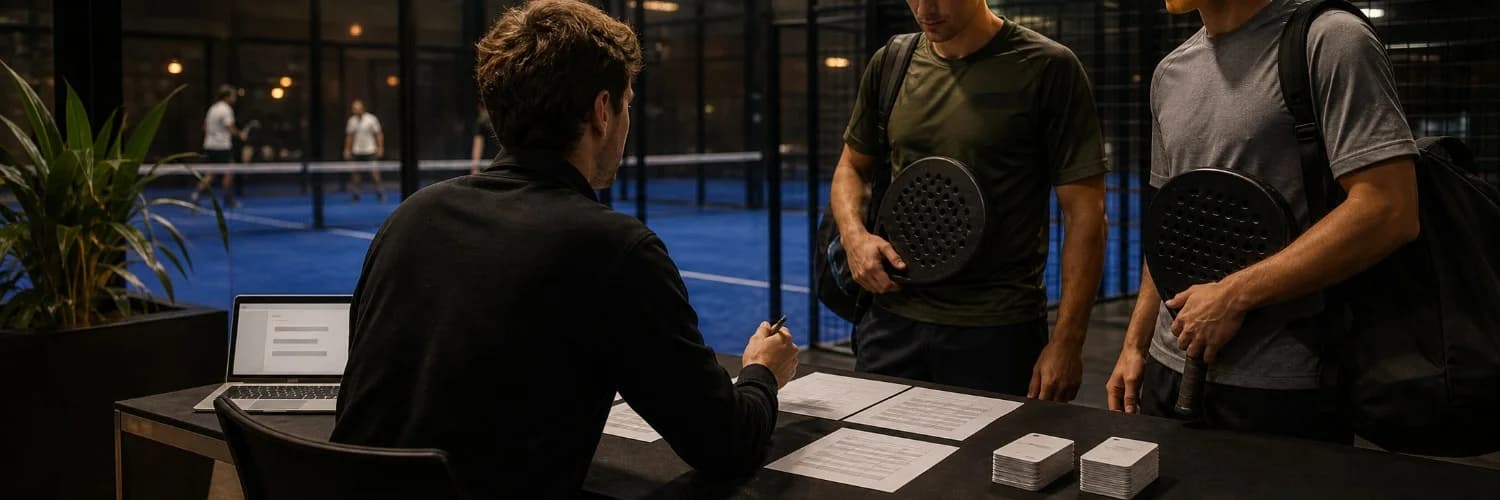 Spieler an einem Anmeldetisch bei einem Padel-Turnier, Startlisten und Ausweise auf dem Tisch