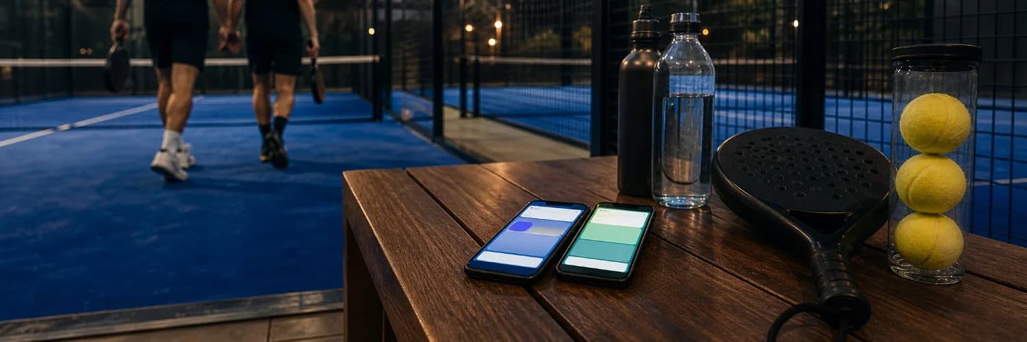 Smartphone mit einer geteilten Rechnung neben Wasserflaschen und einem Padelschläger auf einer Bank