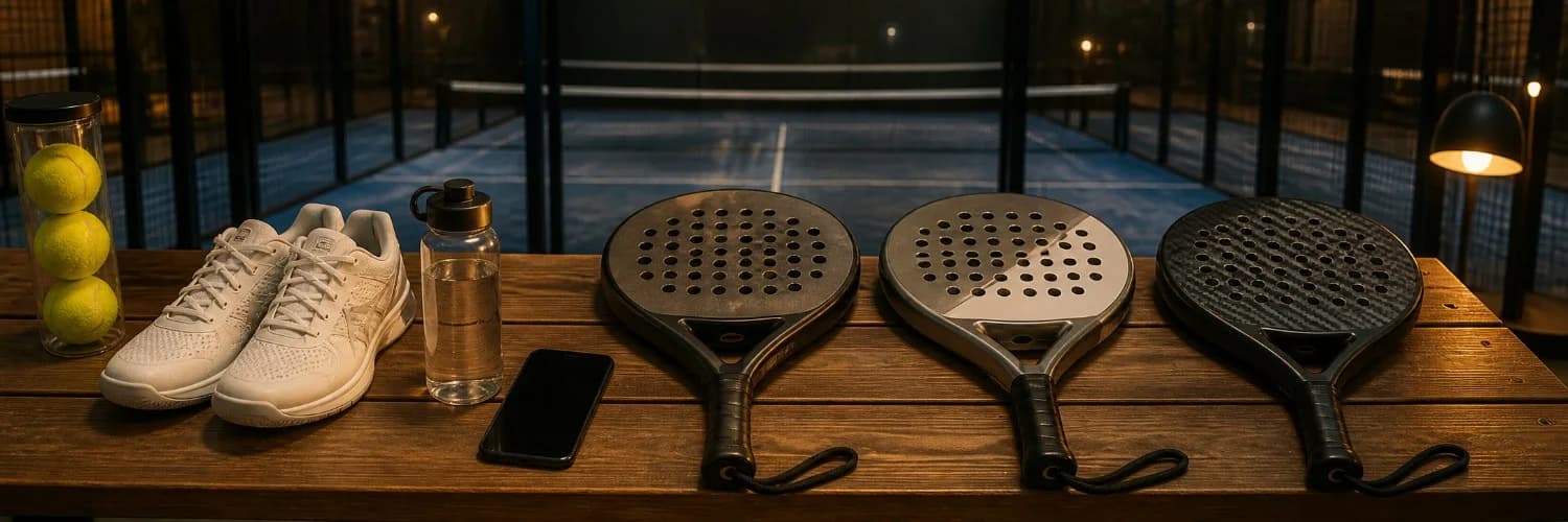 Drei runde Padelschläger, Bälle und Sportschuhe auf einer Holzbank vor einem Indoor-Court