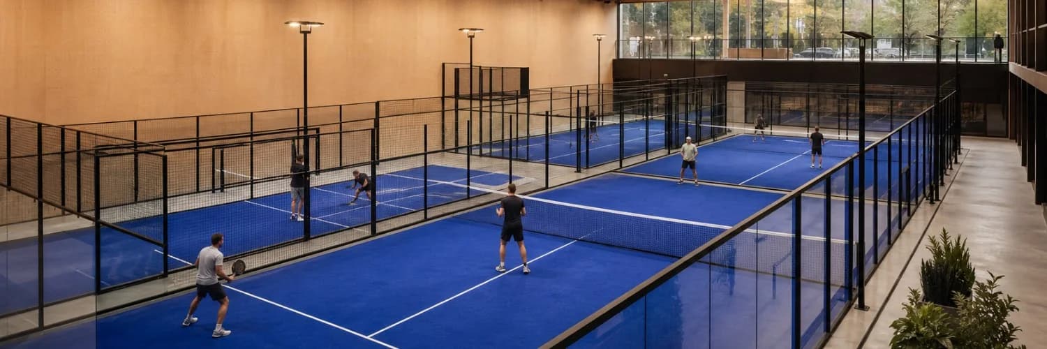 Moderne Indoor-Padelhalle mit mehreren blauen Glas-Courts und Spielern