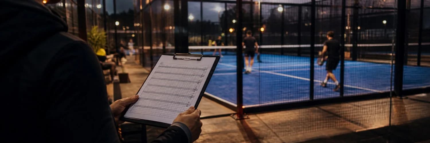 Turnier-Klemmbrett mit Kategorienplan am Spielfeldrand, Spieler beim Aufwärmen im Hintergrund